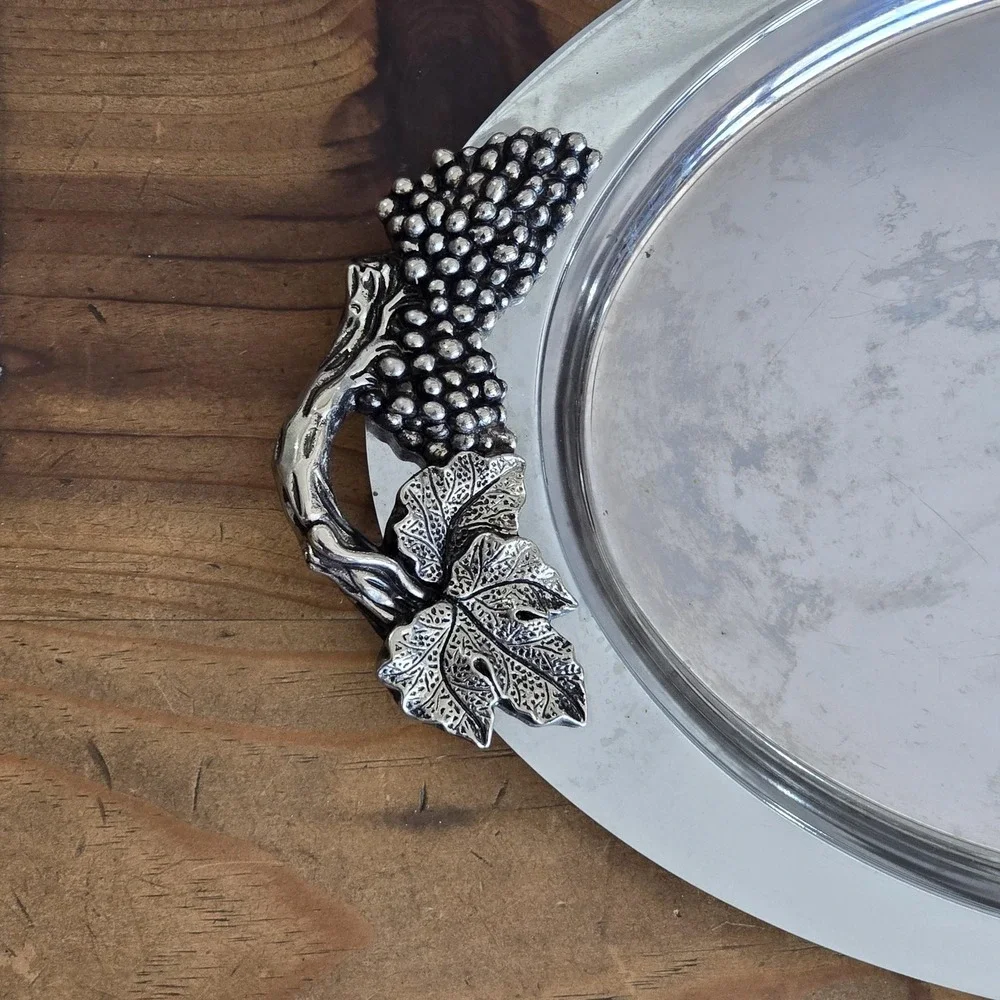 Vintage Towle Silversmiths Stainless Steel Serving Tray Oval Grape Vine Handles